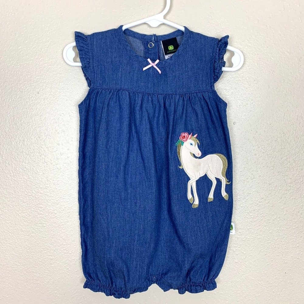 John Deere Girls Chambray Denim Romper Horse Applique Pink Bow Ruffle 9-12 month